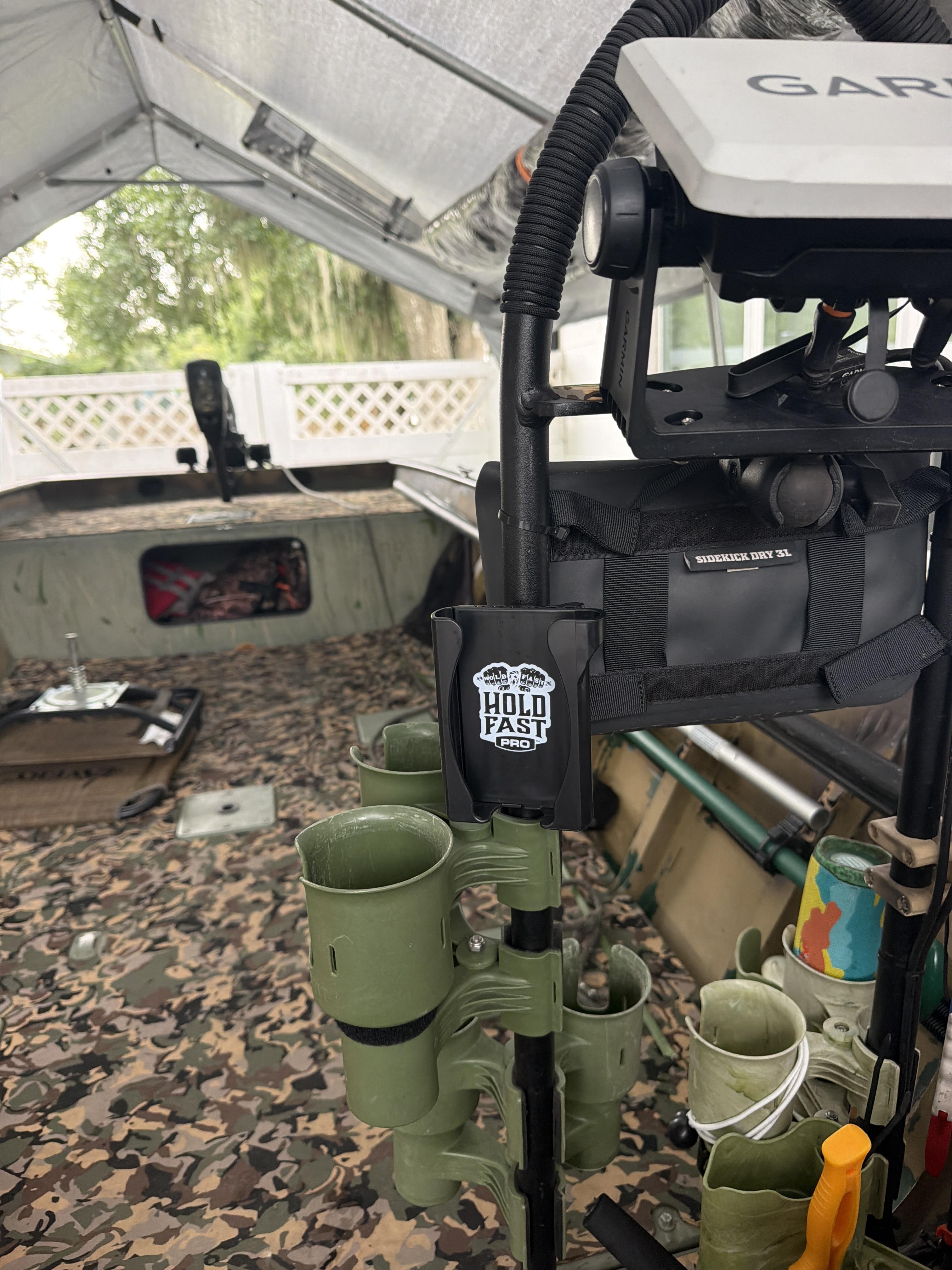 Grant’s Boat Phone Holder mounted on his duck boat grab bar