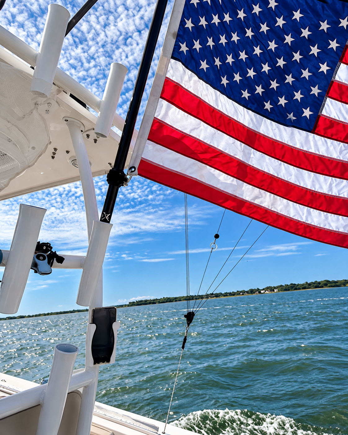American flag flying from a boat